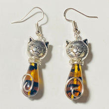 Load image into Gallery viewer, Tortoiseshell Cat: silvertone and amber/black Czech glass teardrop cat earrings

