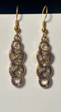 Load image into Gallery viewer, Celtic knot rectangular bar earrings, antique goldtone
