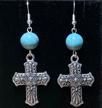Load image into Gallery viewer, Antique silvertone floral Mexican style Talavera cross
