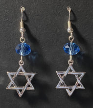 Load image into Gallery viewer, Light blue crystal and silvertone Star of David earrings Jewish faith jewelry
