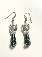 Load image into Gallery viewer, Cat Earrings: silvertone and Czech glass teardrop cat earrings in a rainbow of colors
