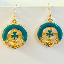 Load image into Gallery viewer, Irish shamrock Claddagh earrings in goldtone and green enamel with 14k gold-filled earwires
