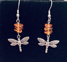 Load image into Gallery viewer, Dragonfly In Amber II goldtone or silvertone dragonfly earrings with genuine Baltic Amber Outlander fan gift jewelry
