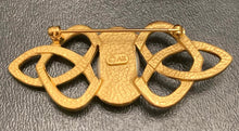 Load image into Gallery viewer, Vintage Anne Klein matte gold Celtic knotwork brooch with oval faux pearl cabochon
