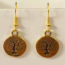 Load image into Gallery viewer, Family Tree or Tree of Life World Tree goldtone earrings with optional gemstone or crystal bead
