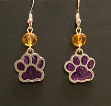 Load image into Gallery viewer, LSU Tigers or UNA Lions sports fan paw earrings: purple glitter enamel paw with optional gold crystal bead.
