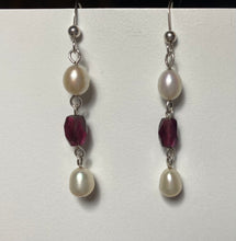 Load image into Gallery viewer, Freshwater pearl and garnet sterling silver drop earrings
