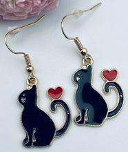 Load image into Gallery viewer, Black Cat or White Cat with heart enamel charm earrings 3 styles cat lover cat lady gift
