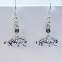 Load image into Gallery viewer, LSU Tigers sports fan small silvertone tiger earring with purple and gold crystal beads
