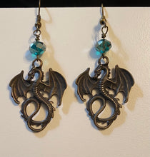 Load image into Gallery viewer, Flying dragon earrings in gold, bronze, or silver: UAB Blazers, Game of Thrones fantasy creatures, sports fan jewelry
