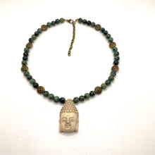 Load image into Gallery viewer, Enlightened: kambaba jasper and antique gold beaded Buddha necklace
