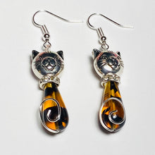 Load image into Gallery viewer, Cat Earrings: silvertone and Czech glass teardrop cat earrings in a rainbow of colors
