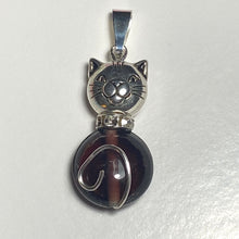 Load image into Gallery viewer, Amethyst Cat: silvertone and dark purple glass round cat pendant
