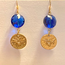 Load image into Gallery viewer, Bee Royal: matte goldtone and royal blue honeybee earrings Outlander fan beekeeper bee lover gift
