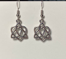 Load image into Gallery viewer, Celtic heart earrings with triquetra knot, silvertone

