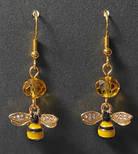 Load image into Gallery viewer, All Abuzz: enameled goldtone honeybee earrings with citrine crystal bead beekeeper apiculture bee lover gift
