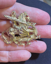 Load image into Gallery viewer, St. George and the Dragon medieval knight goldtone brooch
