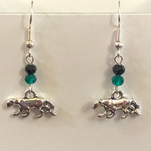 Load image into Gallery viewer, Panther Pride - Pelham Panthers sports fan small silvertone panther earrings with green and black crystal beads
