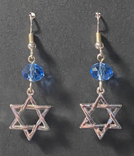 Load image into Gallery viewer, Light blue crystal and silvertone Star of David earrings Jewish faith jewelry

