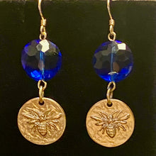 Load image into Gallery viewer, Bee Royal: matte goldtone and royal blue honeybee earrings Outlander fan beekeeper bee lover gift
