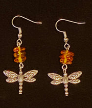 Load image into Gallery viewer, Dragonfly In Amber II goldtone or silvertone dragonfly earrings with genuine Baltic Amber Outlander fan gift jewelry
