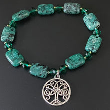 Load image into Gallery viewer, African turquoise and jade green crystal Celtic tree bracelet
