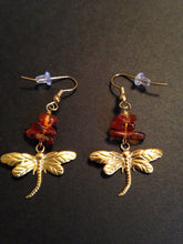 Load image into Gallery viewer, Dragonfly In Amber goldtone or silvertone dragonfly earrings with genuine Baltic Amber Outlander fan gift jewelry
