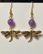 Load image into Gallery viewer, Dragonfly earrings in silvertone or goldtone with gemstone or crystal bead
