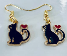 Load image into Gallery viewer, Black Cat or White Cat with heart enamel charm earrings 3 styles cat lover cat lady gift
