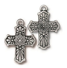 Load image into Gallery viewer, Antique silvertone floral Mexican style Talavera cross
