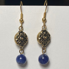 Load image into Gallery viewer, Sodalite and antiqued gold disc drop earrings
