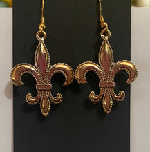 Load image into Gallery viewer, Fleur-de-lis large beaded edge earring in goldtone or silvertone w/ optional 8mm crystal or gemstone bead French symbol New Orleans Saints sports fan
