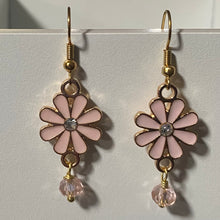 Load image into Gallery viewer, Flower Power: pink enamel boho flower earrings with crystal bead
