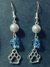 Load image into Gallery viewer, Helena Huskies paw print sports fan earrings withchoice of crystal or pearl bead in team colors
