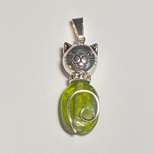 Load image into Gallery viewer, Nature Cat: silvertone and green glass oval pendant
