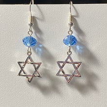Load image into Gallery viewer, Light blue crystal and silvertone Star of David earrings Jewish faith jewelry
