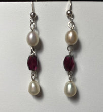 Load image into Gallery viewer, Freshwater pearl and garnet sterling silver drop earrings
