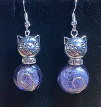 Load image into Gallery viewer, Lavender Cat: silvertone and lavender glass bead cat earrings
