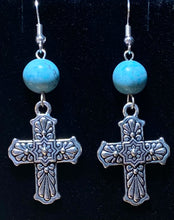 Load image into Gallery viewer, Antique silvertone floral Mexican style Talavera cross
