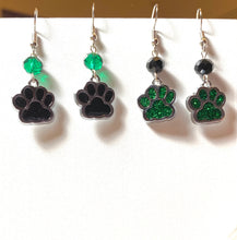 Load image into Gallery viewer, Pelham Panthers sports fan green and black paw print earrings
