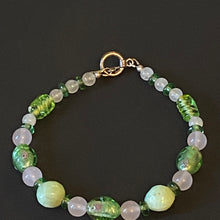 Load image into Gallery viewer, Secret Garden pink and green rose quartz and floral lampwork glass bead bracelet
