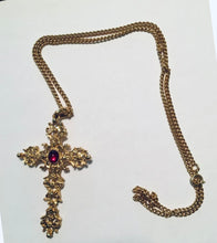 Load image into Gallery viewer, Avon 1970s vintage gold and “ruby” Medieval / Renaissance cross necklace
