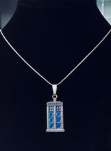 Load image into Gallery viewer, The T.A.R.D.I.S. Doctor Who fan silvertone and blue enamel Tardis police box pendant
