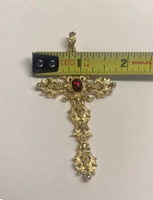 Load image into Gallery viewer, Avon 1970s vintage gold and “ruby” Medieval / Renaissance cross necklace
