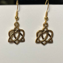 Load image into Gallery viewer, Celtic heart earrings with triquetra knot, goldtone
