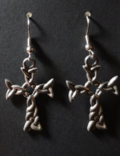 Load image into Gallery viewer, Antique silver pewter woven Celtic knotwork cross earrings w/optional gemstone bead

