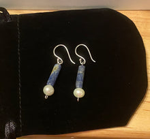 Load image into Gallery viewer, Roman style sodalite gemstone and freshwater pearl sterling silver earrings
