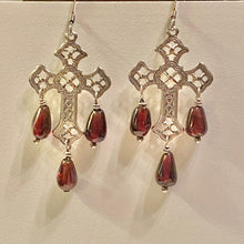 Load image into Gallery viewer, Garnet and gold or silver filigree cross earrings with sterling or 14k gold-filled earwires
