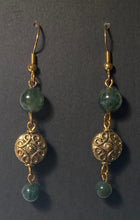 Load image into Gallery viewer, Moss agate and antiqued gold disc triple-link dangle earrings
