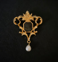 Load image into Gallery viewer, Vintage Avon Victorian Art Nouveau Renaissance ornate gold filigree onyx brooch w freshwater pearl dangle la
